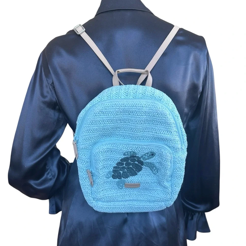 Vera Bradley Straw Raffia Blue Turtle Print Convertible Mini Summer Backpack